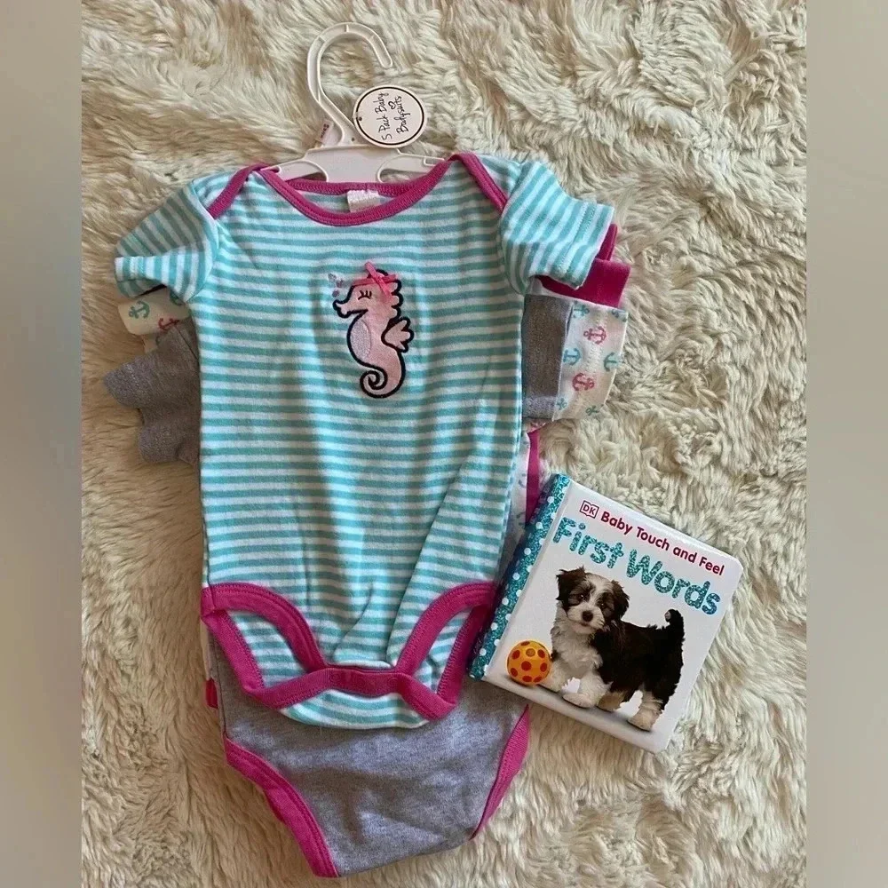 M of 5 onesies/body suits 6-9 m NWT & First Words touch/feel book